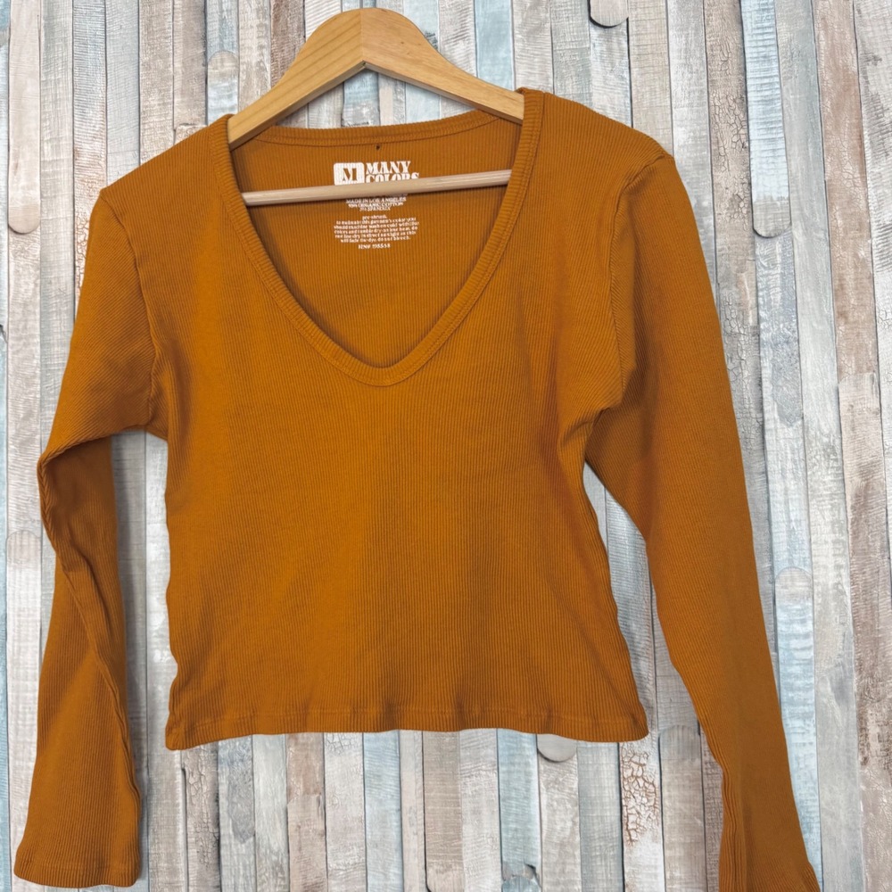 Big Bud Press Ribbed V-Neck Long Sleeve Boxy Top Shirt Organic Cotton Mustard M